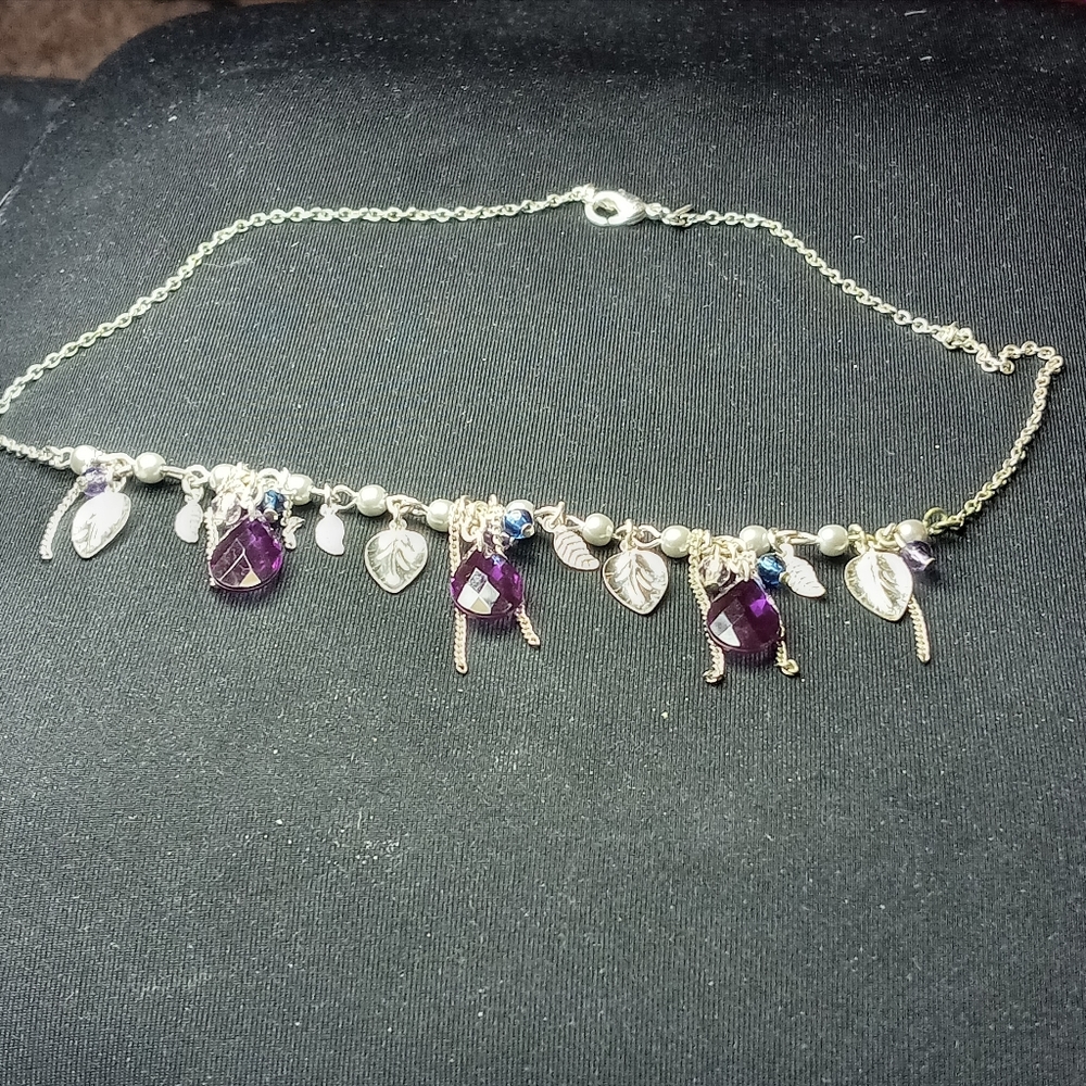 SAO dangling silver tone leaves and purple teardrops and faux pearl necklace